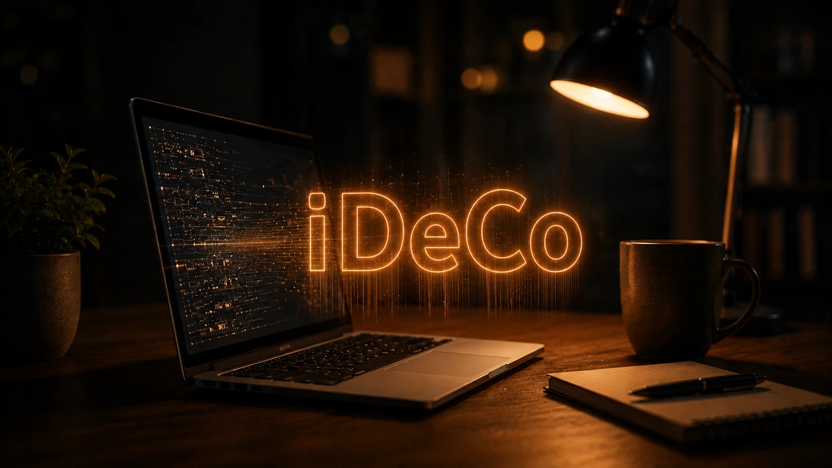 夜のデスクに浮かぶ、ネオンオレンジに光る「iDeCo」の文字。ノートパソコンやコーヒーが並ぶ、iDeCo（個人型確定拠出年金）を象徴するイメージ