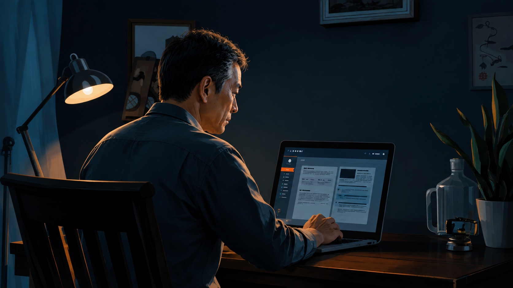夜、デスクでノートPCに向かい記事の構成を組み立てている様子